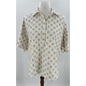 LOFT Women’s Small Embroidered Short Sleeve Collared Button Top Boho Cream Tan